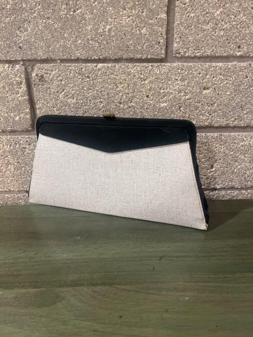 Vintage Black & Beige Clutch Wallet With Gold Clasp And Inner Zipper Pouch
